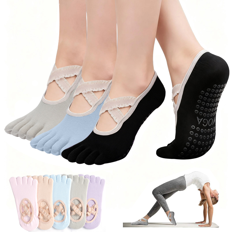 Yoga Fitness Women - ถุงเท้าพิลาทิสกันลื่นสำหรับผู้หญิง ถุงเท้าโยคะแบบผูกเชือก ถุงเท้ากีฬาฟิตเนสระบายอากาศ ถุงเท้าบัลเลต์สำหรับสตูดิโอพิลาทิส