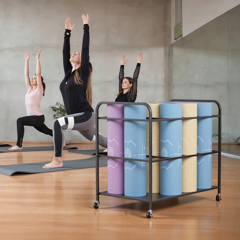 Yoga Fitness Room - ชั้นวางเสื่อโยคะพร้อมล้อเลื่อน, รถเข็นเก็บอุปกรณ์ออกกำลังกายที่บ้าน, อุปกรณ์จัดเก็บสำหรับออกกำลังกายและฟิตเนส, สีดำ
