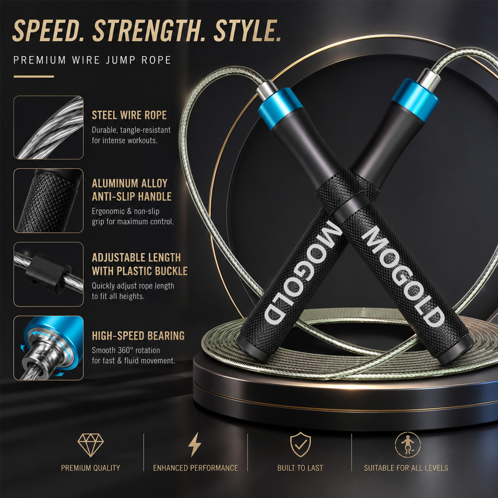 Speed Skipping Rope - MOGOLD เชือกกระโดดความเร็วระดับมืออาชีพพร้อมที่จับโลหะ, แบริ่งความเร็วสูงและ Zero Jamming, สายแข่ง