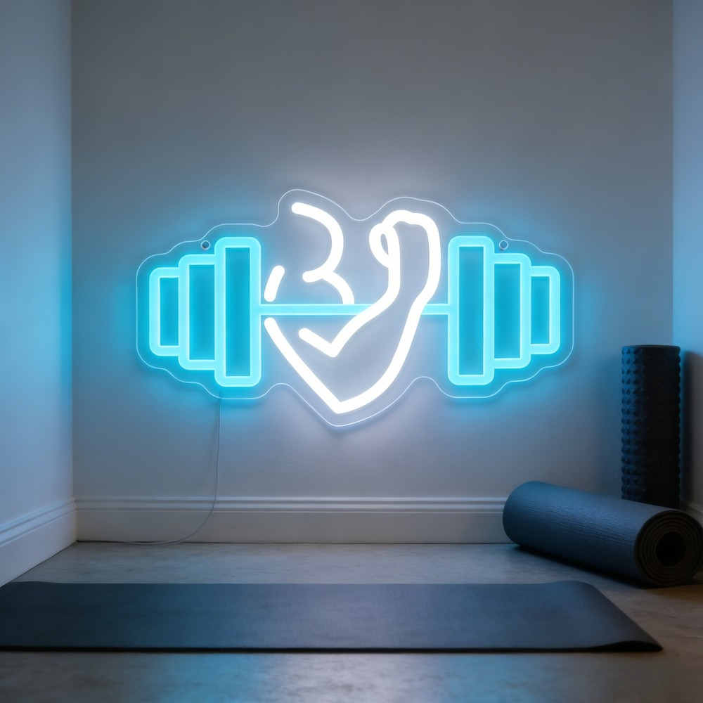 Yoga Fitness Room - ป้ายไฟนีออนรูปดัมเบลบicep สำหรับตกแต่งผนังบ้าน ยิม โยคะ สตูดิโอ ฟิตเนส